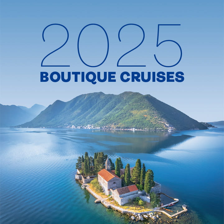 Bay of Kotor in Montenegro, with static wording reading '2025 boutique cruises'